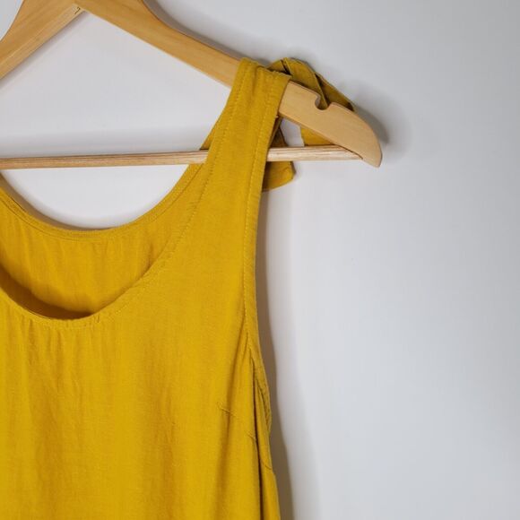 Babydoll Mustard Yellow Top Size M Ruffle Linen Blend Shoulder Bows Sleeveless - Picture 5 of 11